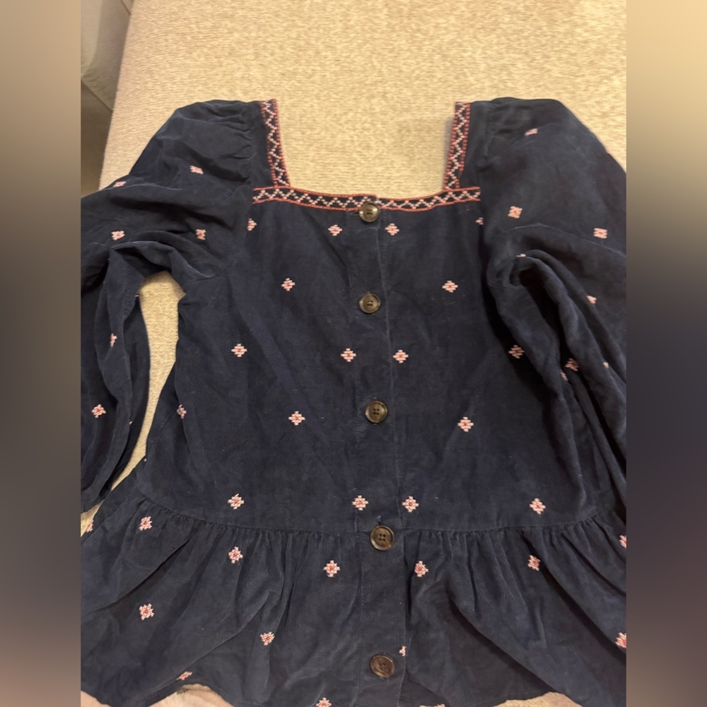Madewell Navy Corduroy Top with Pink and White Embroidery, XXS - Picture 5 of 6